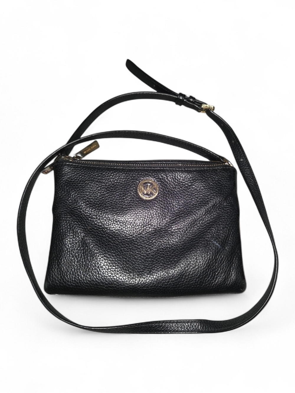 Michael Kors Black Pebbled Leather Double-Zip Crossbody with Gold Logo